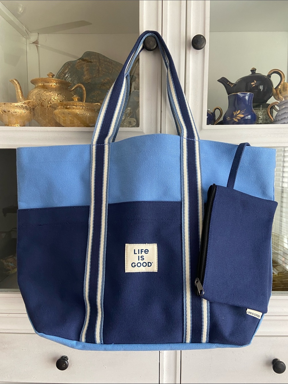 Life Is Good Light & Navy Blue Striped Canvas Tote with Pouch